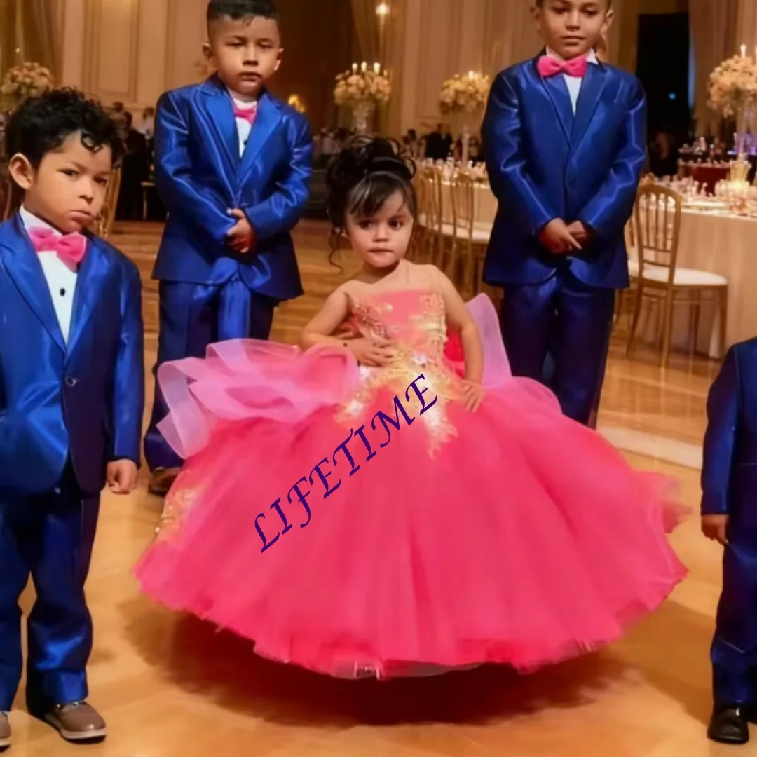 Abiti lunghi da festa per ragazza rosa personalizzati Abiti da cerimonia per feste di spettacoli di compleanno personalizzati con applicazioni dorate