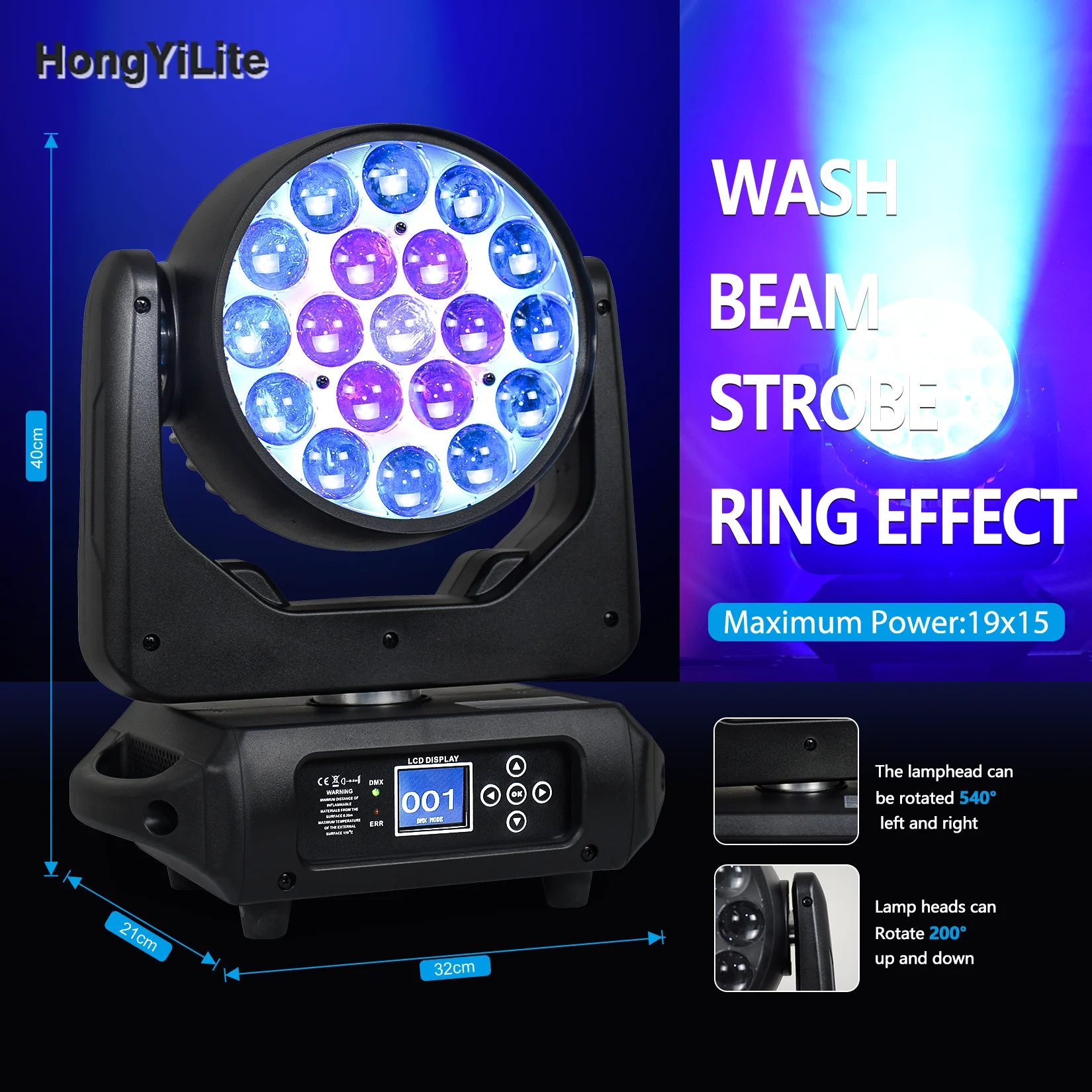 

HongYiLite 19x15W LED Beam Wash RGBW 4in1 Zoom Stage Light Moving Head Lighting DMX For Disco KTV Party Lights Audience Theater
