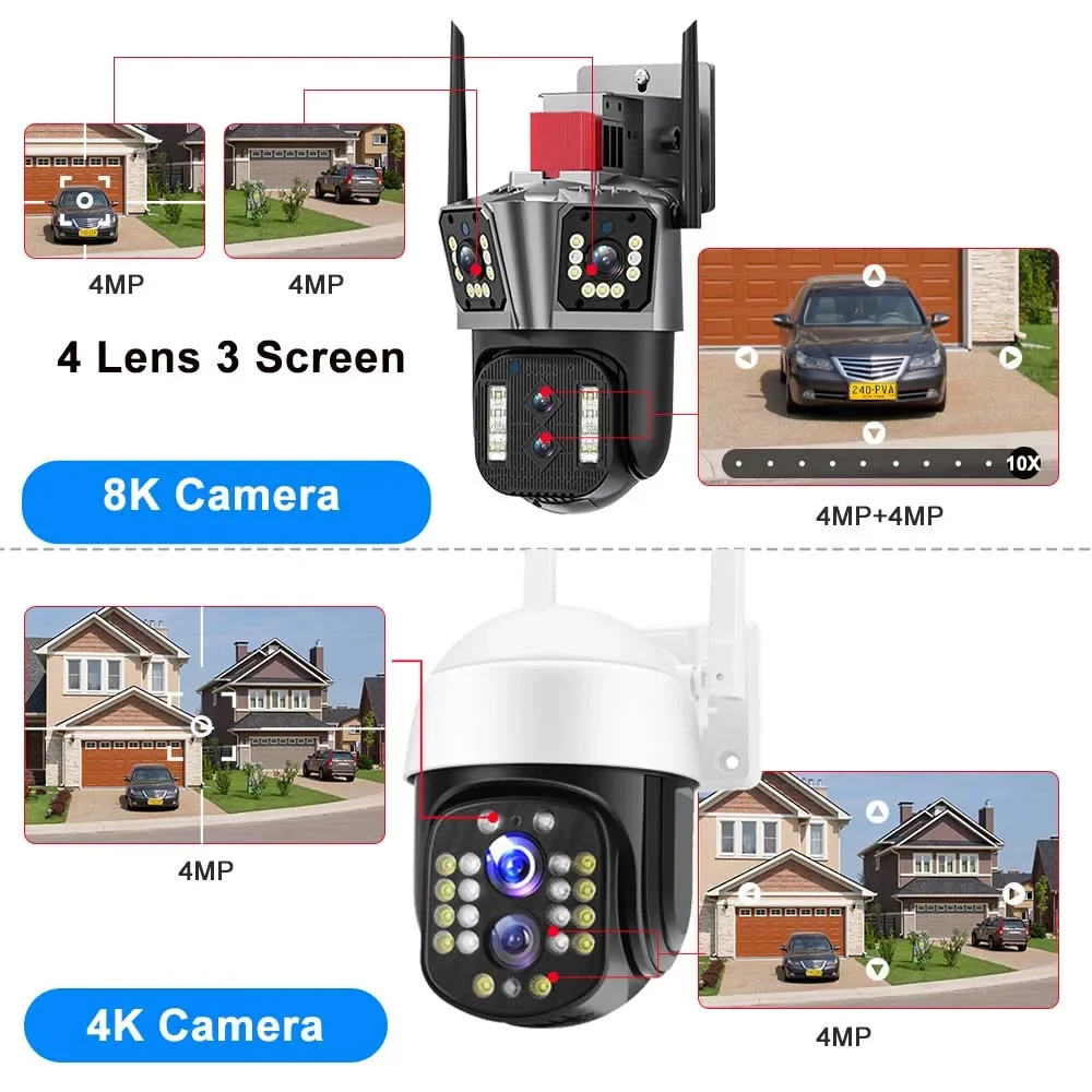 Four lenses Three-Screen 8K IP Camera 10X Zoom Outdoor 4K 8MP PTZ WiFi Camera Auto Tracking Security Protection CCTV Camera