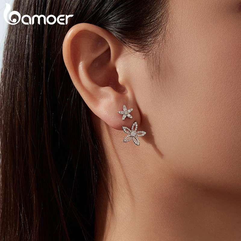 BAMOER Full Moissanite Flower Stud Earrings Detachable Front & Back Ear Jackets Reversible Double Studs for Young Girl Jewelry