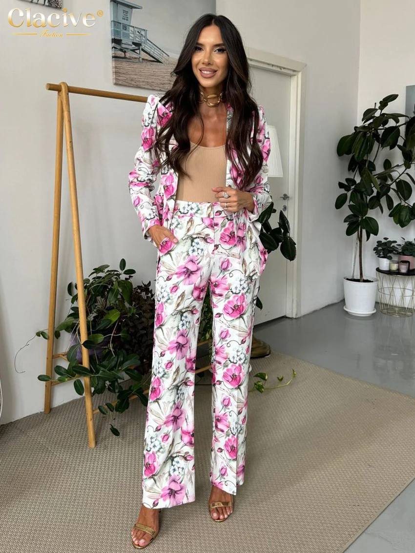 

Clacive Fashion Loose Print Women's Two Pieces Set 2025 Elegant Long Sleeve Blazer With High Waist Pants Set Female Streetwear