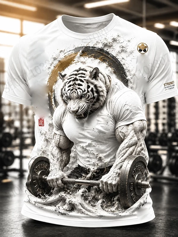 2027 New Mens T-shirt 3D White Tiger Pulled Hard Print Tshirt Men Women Fashion Street Running Gym Sports Short Sleeve Tops Tees