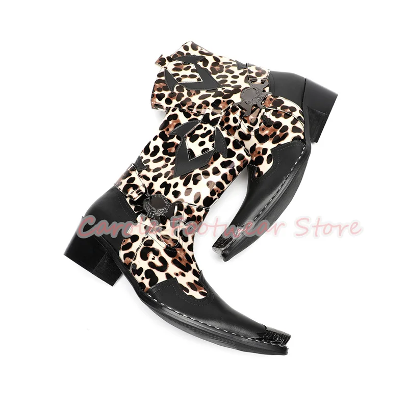 Fashion Leopard Print Male Chelsea Boots Mixed Color Leather Splicing Metal Pointed Toe Chunky Heel Boots Western Cowboys Boots