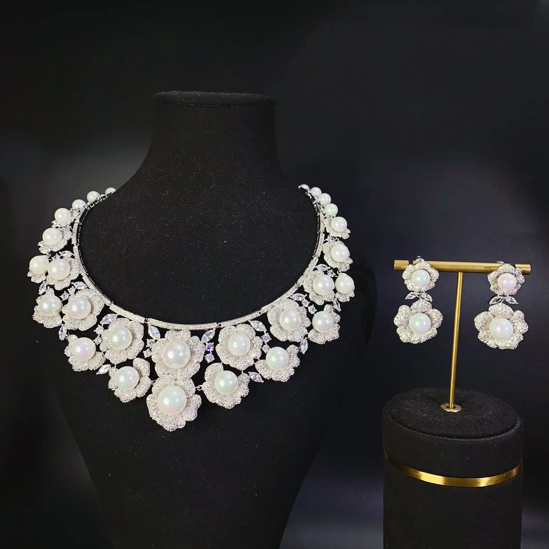 Gorgeous jewelry sets wedding bride flower pearls shiny zirconia gold silver color dinner party anniversary gift jewelry set