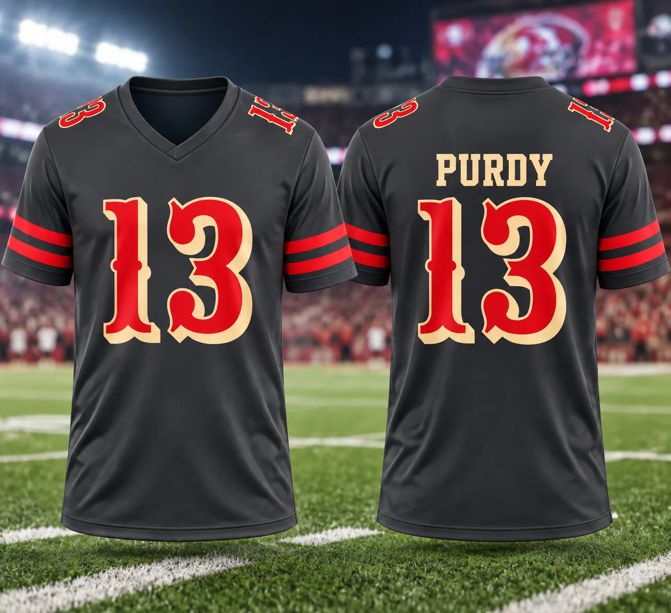 Men's #13 Purdy Football Jersey Black V Neck Short Sleeve Rugby Uniform Red Gold Number Print Sports Fan Shirt for Game Day Part