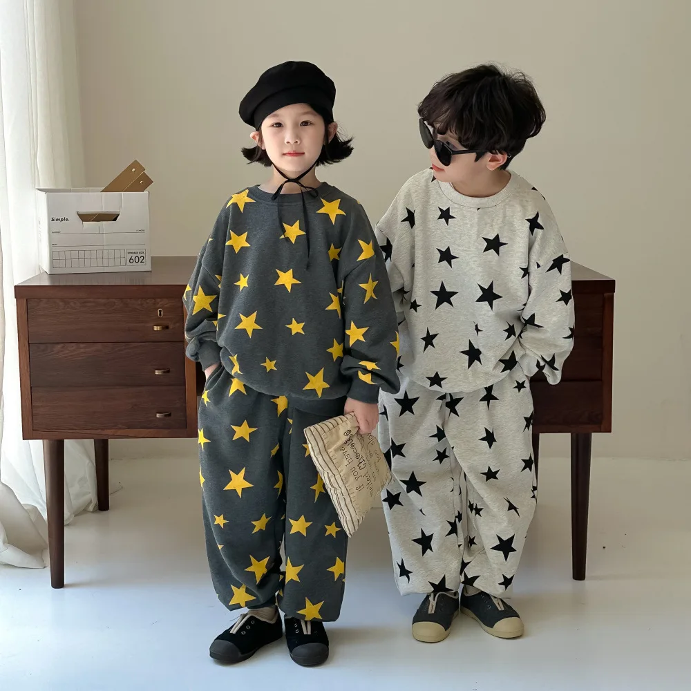 Childrens Sets Clothing Autumn Boy Girl Korean Printing Two Pieces Children Long Sleeves Trousers Sweater 2024 Sweet