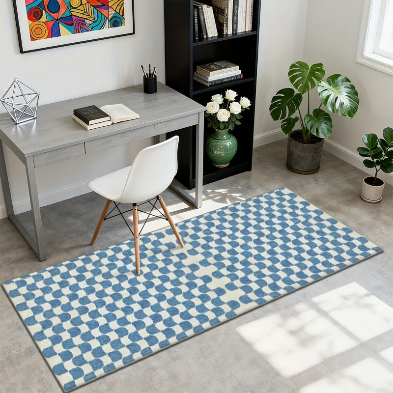 VIKAMA Blue and White Checkered Rug, Soft Non-Slip Hallway Runner, Chair Protector for Home Office, Home Decor