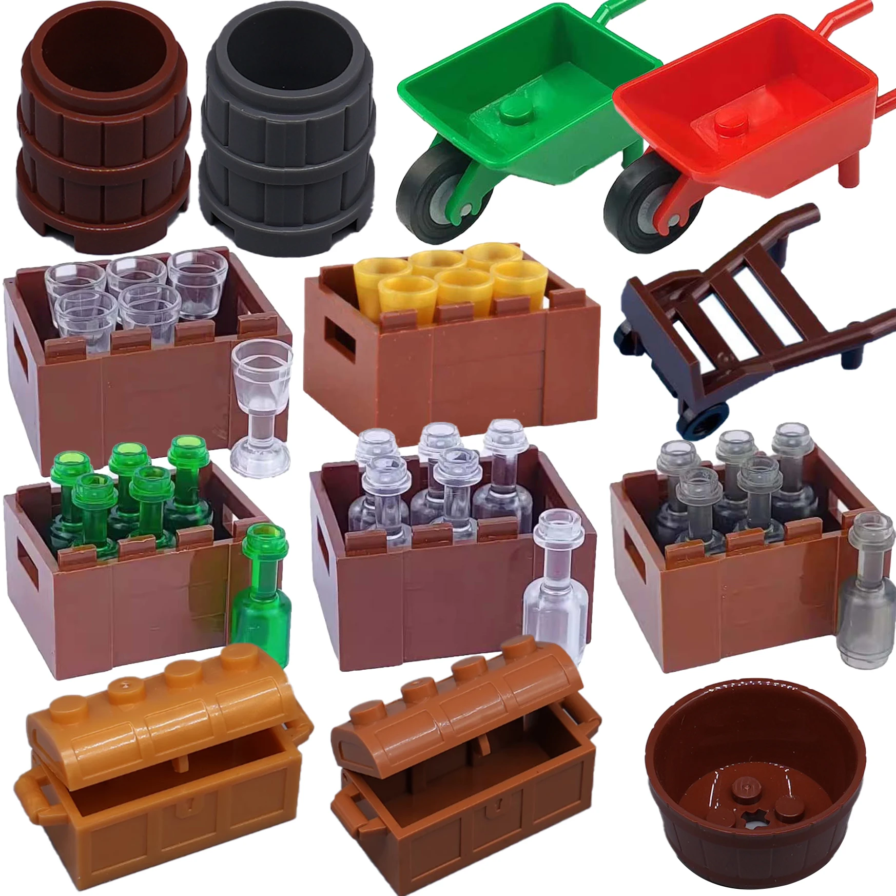 MOC-bloques de construcción de barril de madera para niños, cubo de copa de vino, caja de botellas transparente, carrito de verduras, Cofre del Tesoro, juguetes de ladrillos, regalo