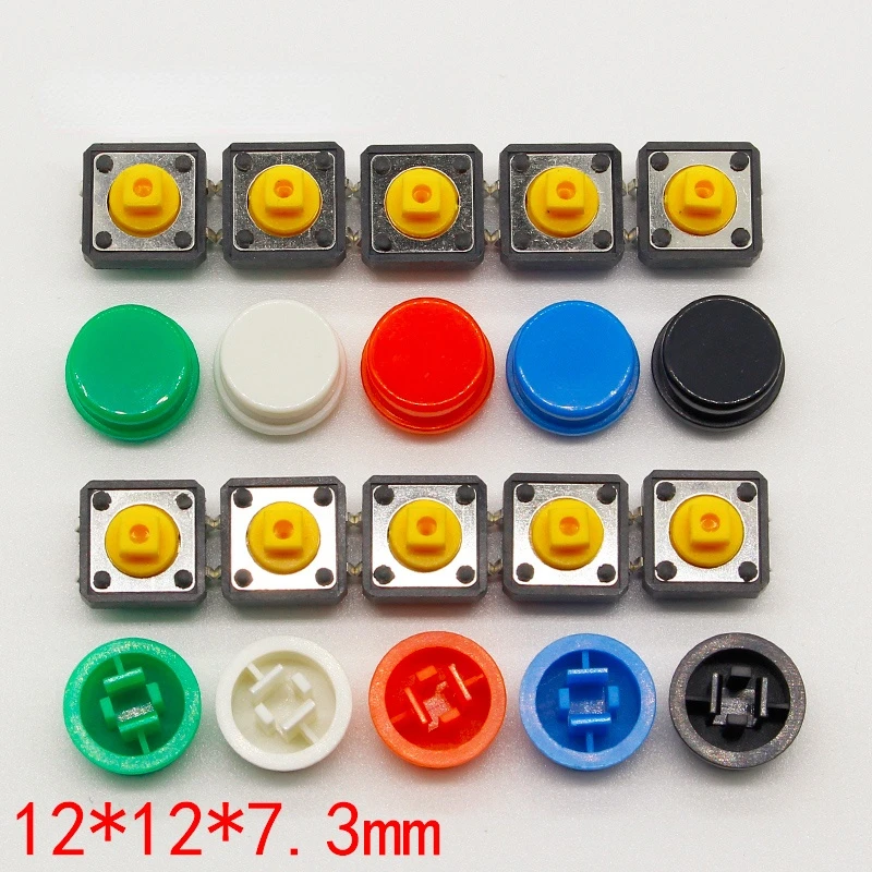 20PCS Tactile Push Button Switch Momentary 12*12*7.3MM Micro switch button + (20PCS 5 colors Tact Cap)