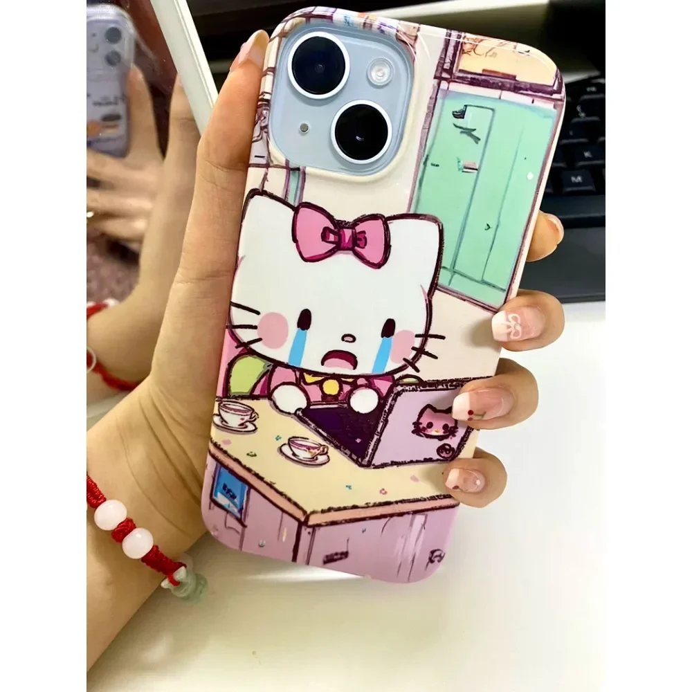 Kawaii Crying Hello Kitty at work Phone Case Sanrio Anime creative Protective Cover for IPhone X 11 12 13 14 15 Pro Max