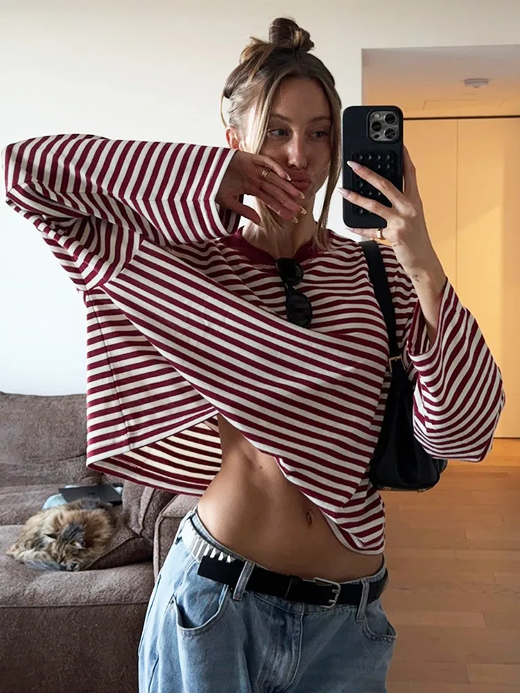 T-shirt ample à rayures pour femmes, col rond, manches longues, couleur contrastée, Patchwork, haut décontracté, Streetwear, automne 2025, 2025