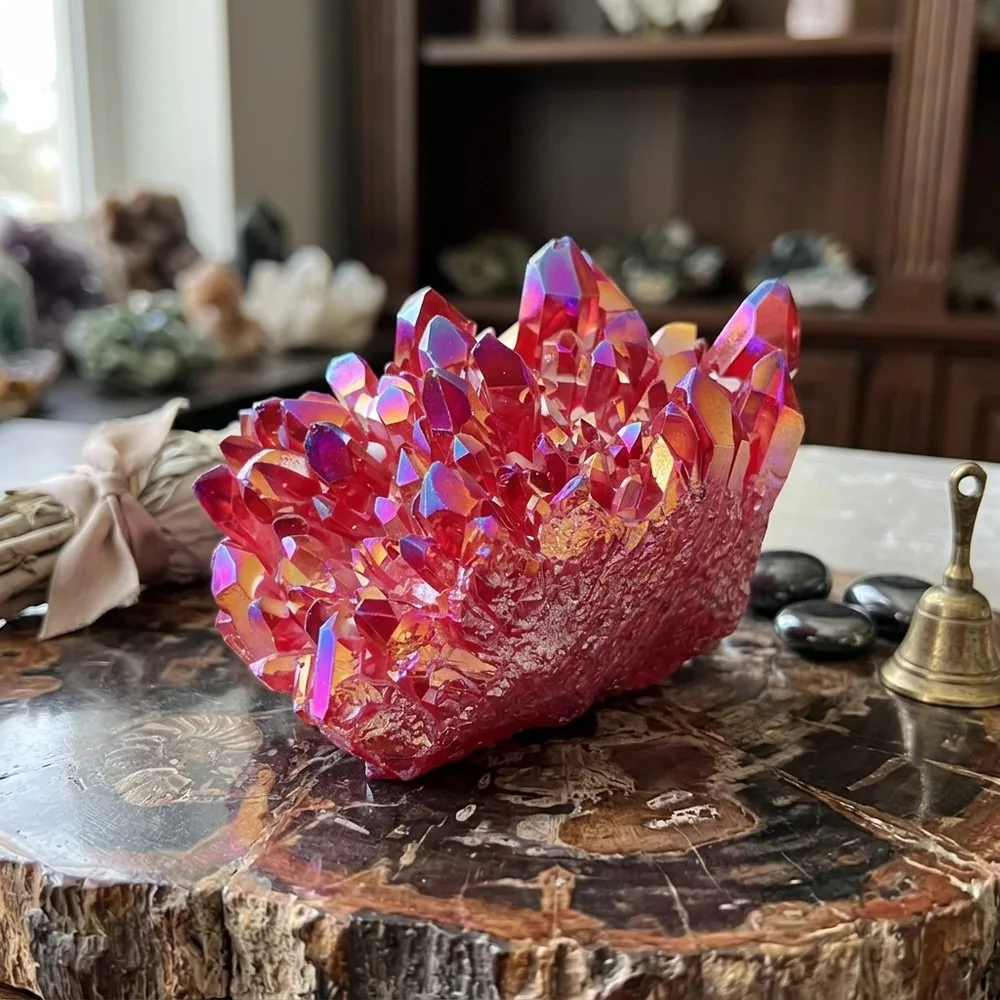 Red Angel Aura Quartz Crystal Cluster, Artificial Plating Healing Stone, Handmade Craft Home Decor Ornament