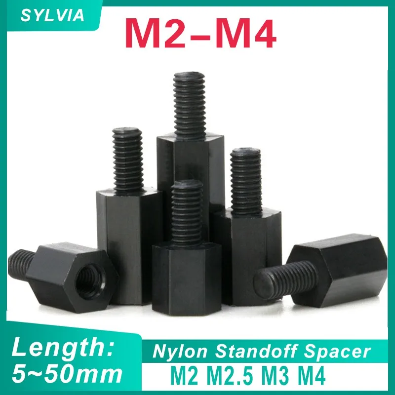50/ 20pcs Black Nylon Spacer M2 M2.5 M3 M4*L+6mm Male to Female Insulated Adiabatic Nylon Standoff Spacer