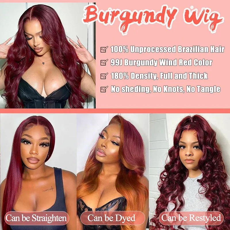 99J بورجوندي الجسم موجة الدانتيل شعر مستعار أمامي شعر الإنسان 13x4 13x6 الدانتيل أمامي باروكة من شعر طبيعي 200 الكثافة شعر مستعار أحمر اللون للنساء