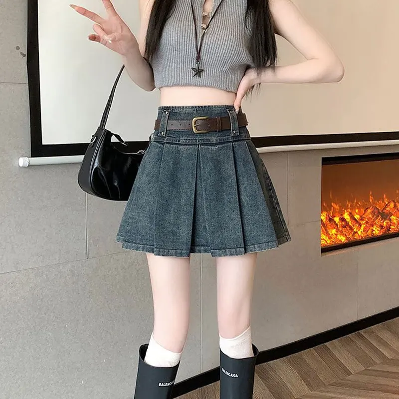 

Vintage Denim Fashion Pleated Skirts Female Clothing Korean A-Line High Waist Hotsweet 2024 Spring Summer All-match Mini Skirts