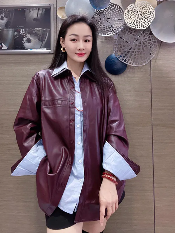 Women's Grape Purple PU Leather Jacket Coat Blue Shirt Two-Piece Set Spring Autumn New Style Retro Layering Casual Fashion