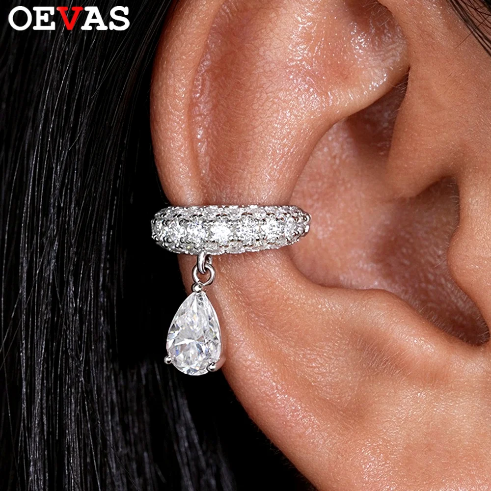 OEVAS 1CT Waterdrop Full Moissanite Clip Earrings For Women 925 Silver 18K Gold Plated Pear Cut Ear Cuff Party Fine Jewelry