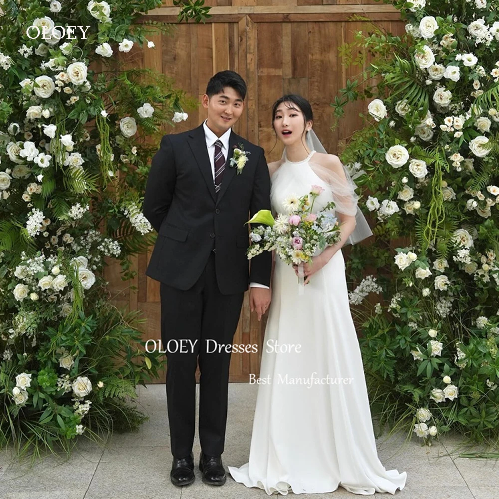 OLOEY Simple Mermaid Korea Wedding Dresses Photoshoot Halter Slim Elegant Bridal Gowns Floor Length Soft Satin Custom Made