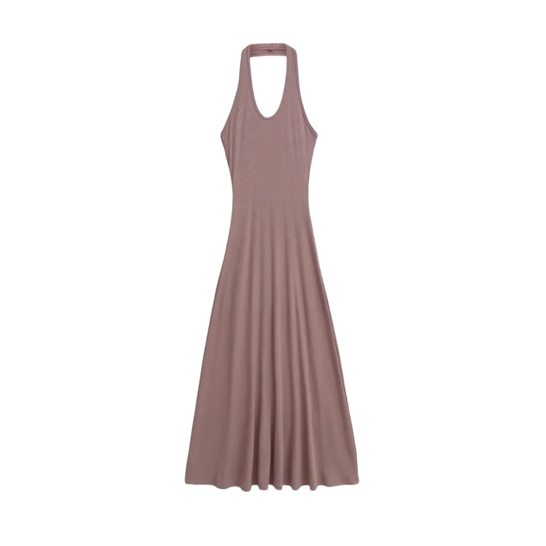 Vestido largo con cuello halter y cuello en V acanalado para mujer