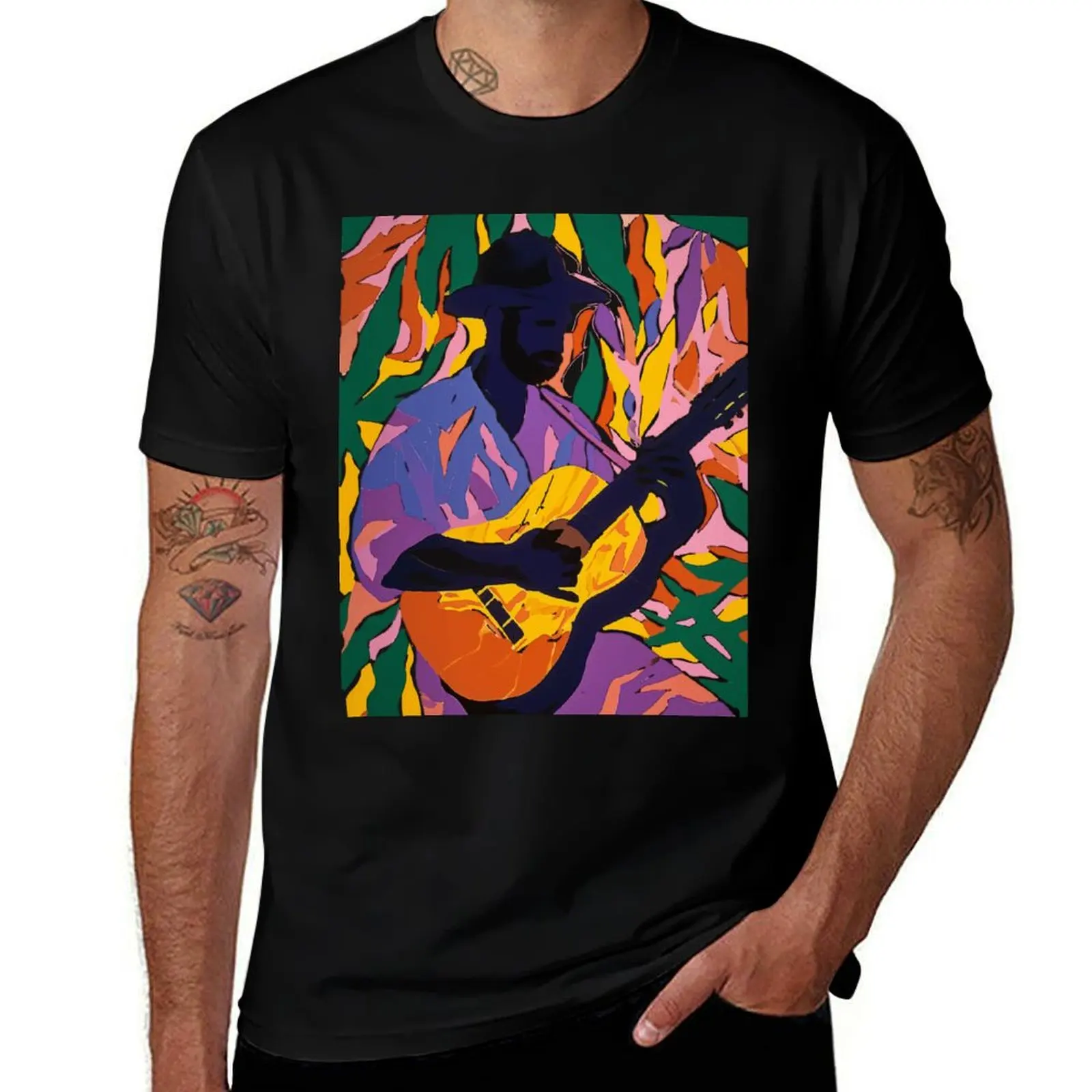 Henri Matisse Style Jazz Musician Warming Up, Colorful Linocut Linoprint Exotic Vivid Colors T-Shirt Big Size Daily Wear T-Shirt