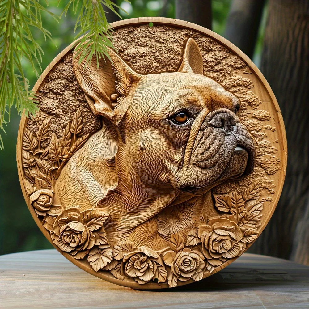Round Metal Aluminum Sign Faux Embossing Wreath Sign Living Room Decoration Mother\'s Day Gifts French Bulldog Themed Decoration