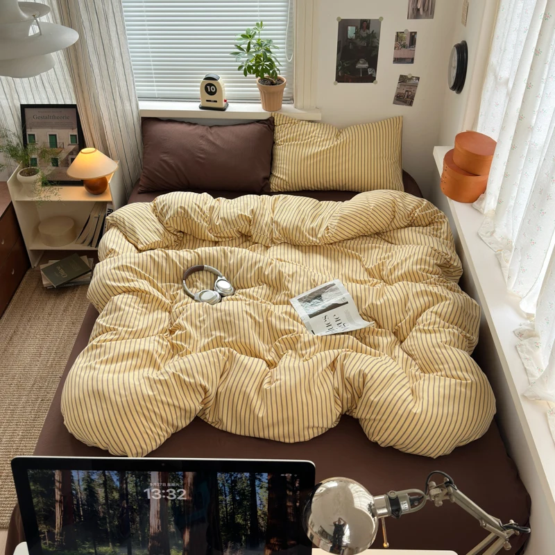 3pcs Retro Yellow Striped Duvet Cover Set with 2 Pillowcases Soft Washed Cotton Bedding Set Boys Girls 이불세트 Bedroom Decor