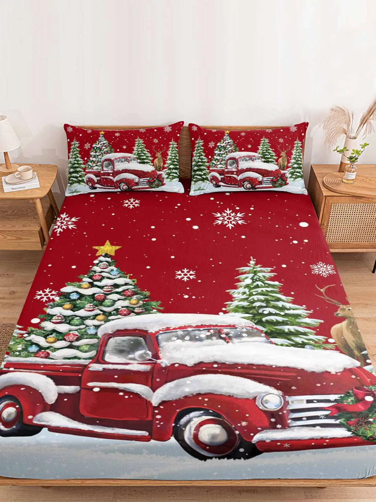 Christmas Winter Truck Snowflake Polyester Fitted Sheet Mattress Cover Four Corners Elastic Band Bed Sheet With Pilllowcase