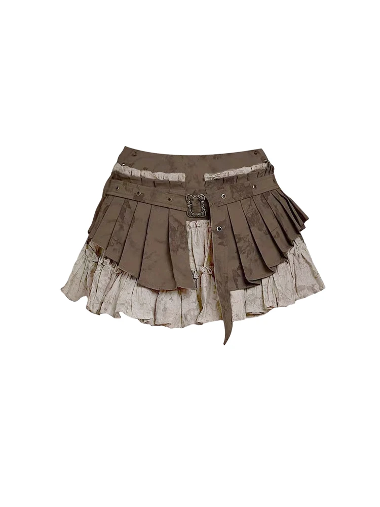 Women Patchwork A-line Pleated Skirt Vintage Y2k Wasteland Style Mini Skirt Harajuku Korean Skirt 2000s Chic Clothes 2024 Summer