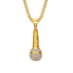 Hip Hop Iced Out Bling Microphone Pendant Gold Color Stainless Steel Music Necklace For Women Men Rapper Party Jewelry Gift