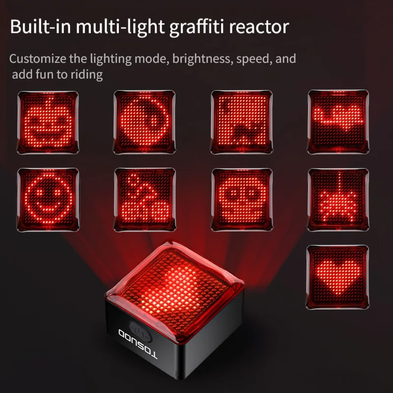 TOSUOD Cycling Taillight DIY Custom Pattern 1100mAh Type-C Charge IP55 Dustproof Waterproof Bike Taillight Brake Sensing Light