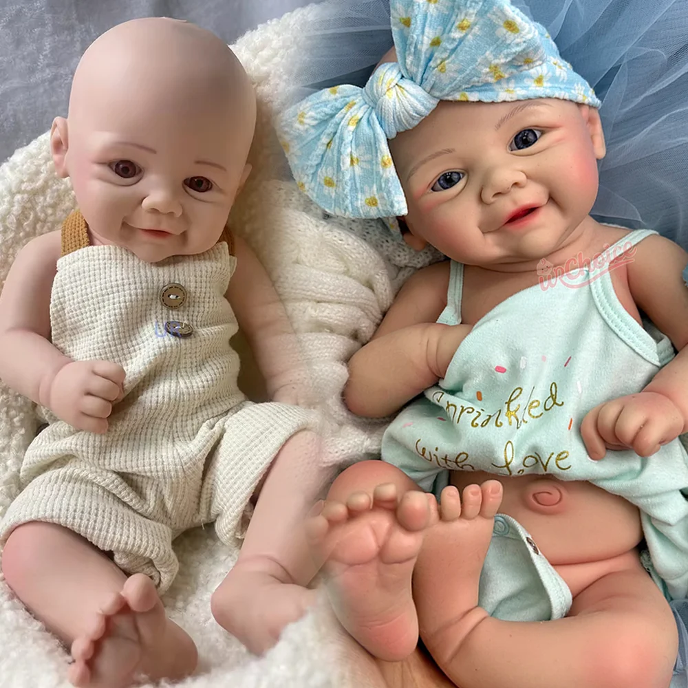 Blue Eyes 17" Silikon-Reborn-Babypuppe, süßes Lächeln, Mädchen und Junge, realistische 6 Pfund gewichtete Neugeborene Puppe als Geschenk für Sammler