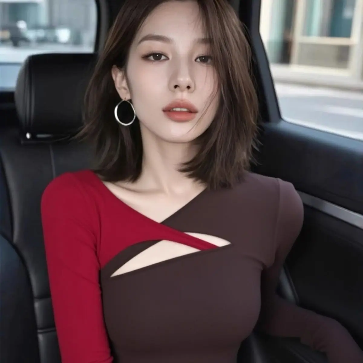 New Autumn Korean Lazy Chill Aesthetic Top Premium Feel Unique Gorgeous Red Coffee Contrast Long Sleeve Tee Women