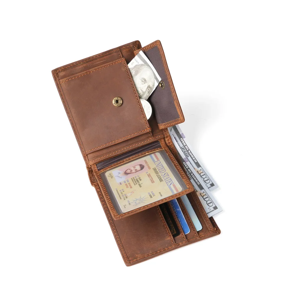 1157 Men's Retro Genuine Leather Coin Purse Short Casual Cow Pickup Truck with Leather Wallet At The Top of The Head