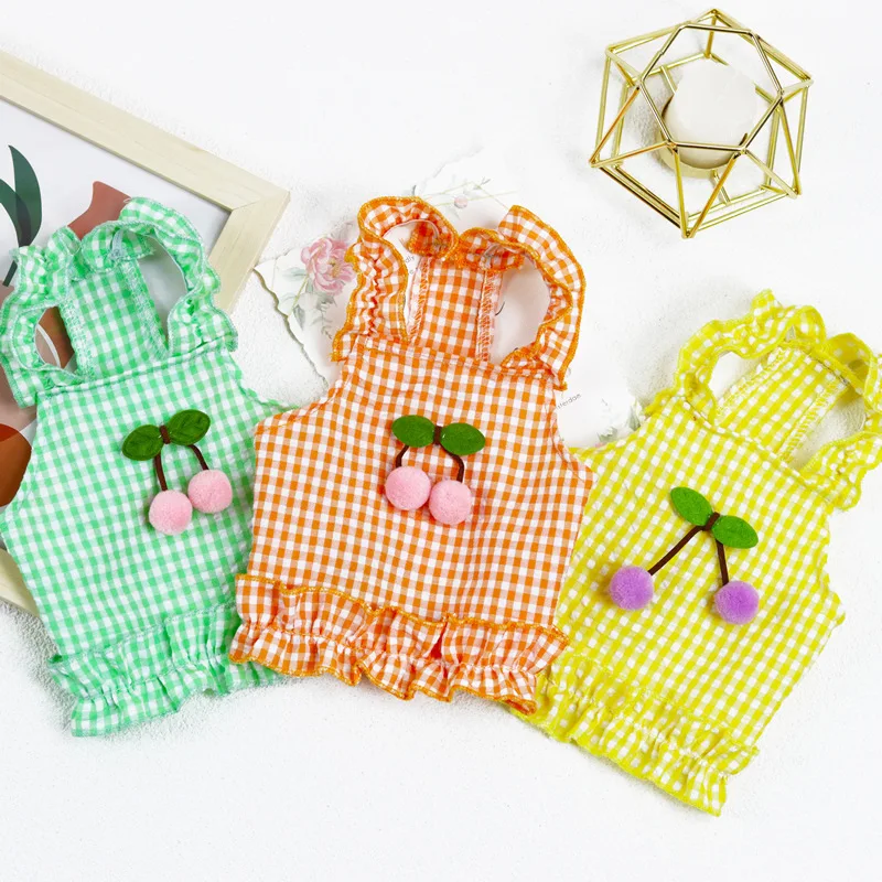 

New Puff Sleeve Dog Dresses Fashionable Plaid Contrast Color Splicing Pet Clothes Summer Fruit Print Dog Clothes for Small Dogs