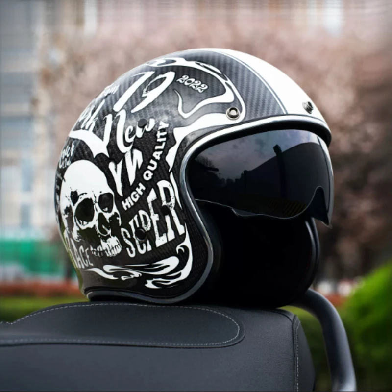 Retro Jet 3/4 Open‑Face Motorcycle Helmet Carbon Fiber Lightweight Skull Graphic Art Built‑In Visor DOT ECE Approved