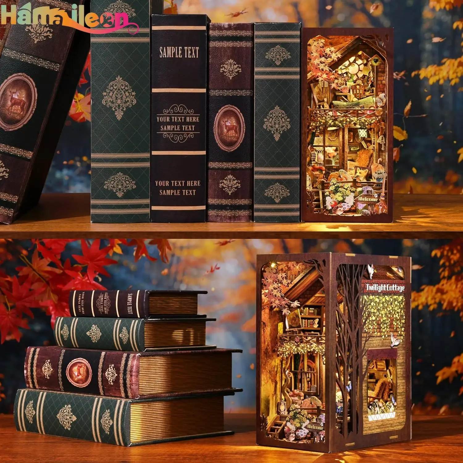 Hamaileon 3D Book Nook Kit, DIY Miniature Room House Kit Bookend ชั้นวางหนังสือตู้หนังสือตกแต่งสําหรับวัยรุ่นผู้ใหญ่ (Twilight Cottage)