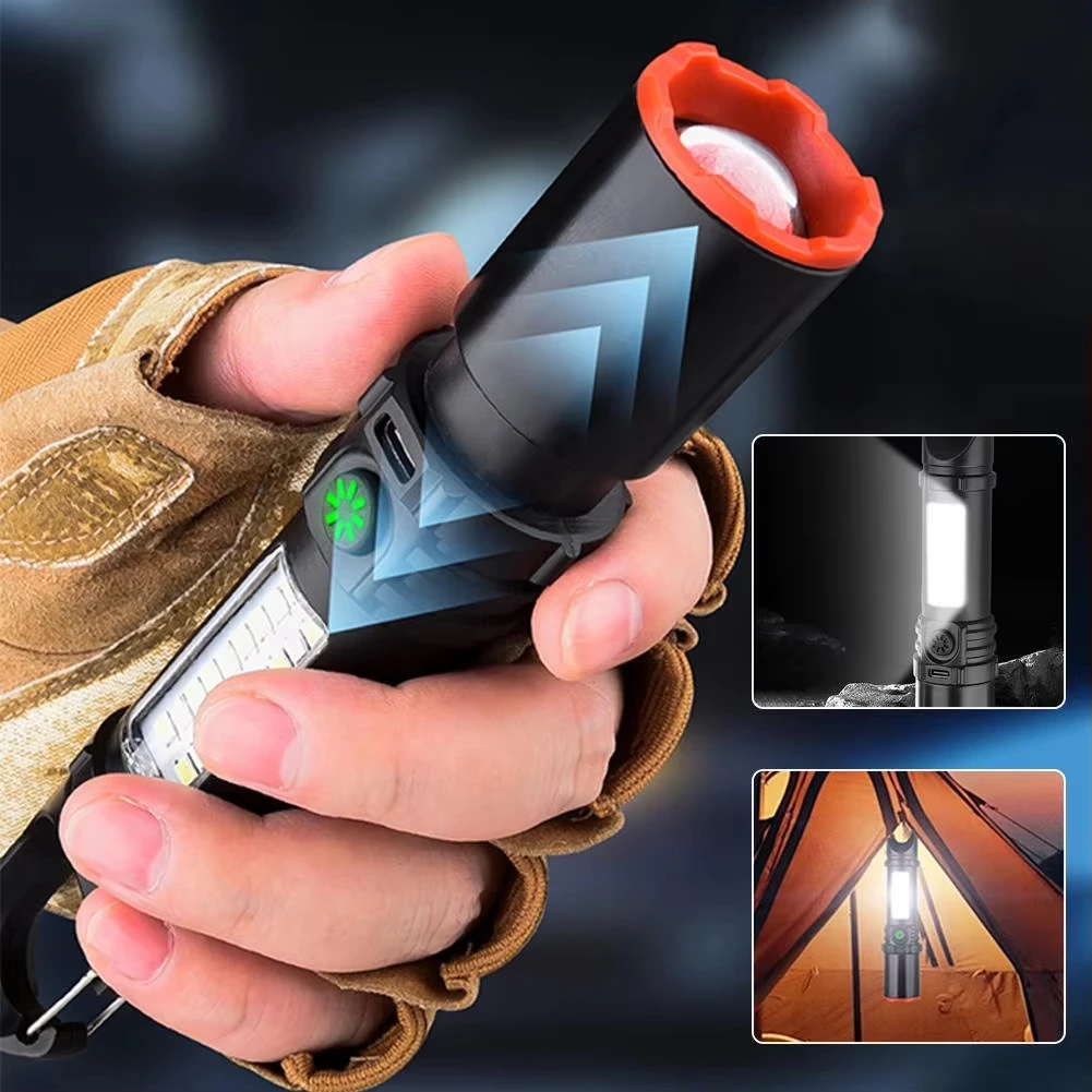 Powerful LED Flashlight Light With Hook Sidelight LED Telescopic Zoom Portable Torch Outdoor Riding Camping Lantern