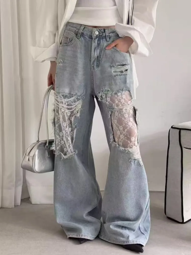 Hole Lace Patchwork Straight-leg Jeans Blue Hollow-out High-waisted Wide-leg Pants Women Summer Trousers Y2k Streetwear Clothes