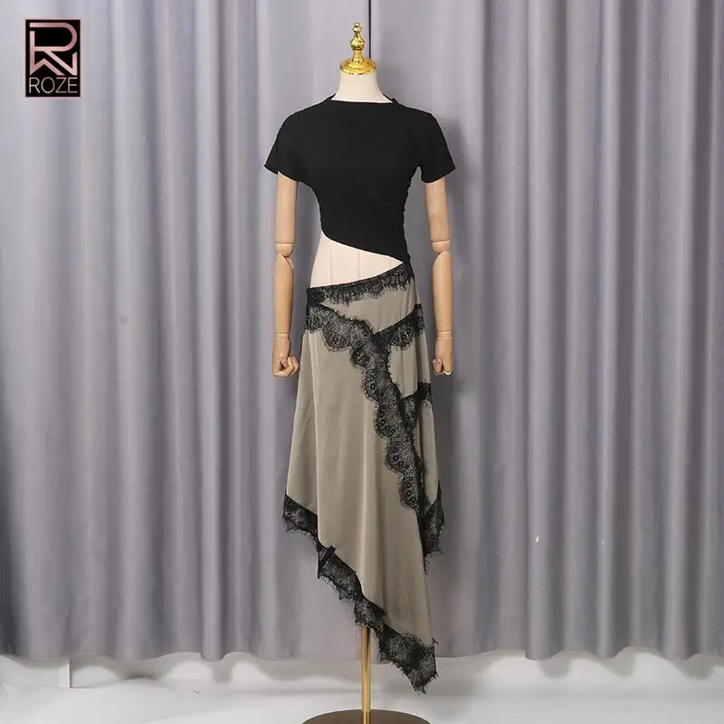 

ROZE Women’s Black Gray Contrast Short Sleeve Cutout Waist Lace Asymmetrical Maxi Dress Set Romantic Date Gown