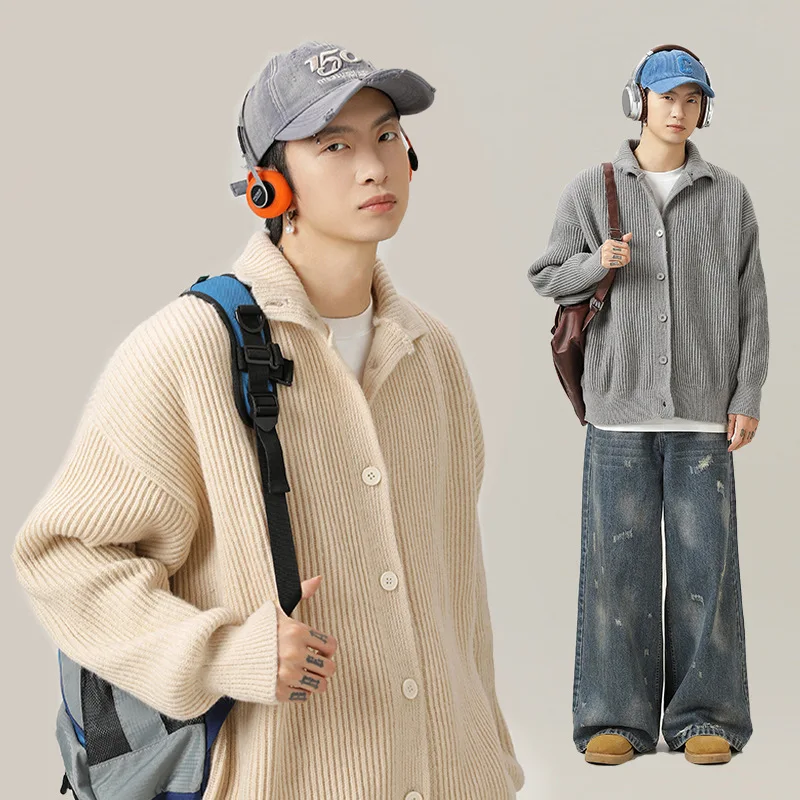 

Retro Japanese High Collar Open Cardigan Sweater Men's Autumn Winter Lazy Sle Color Casual Knitted irt Trendy Brand...