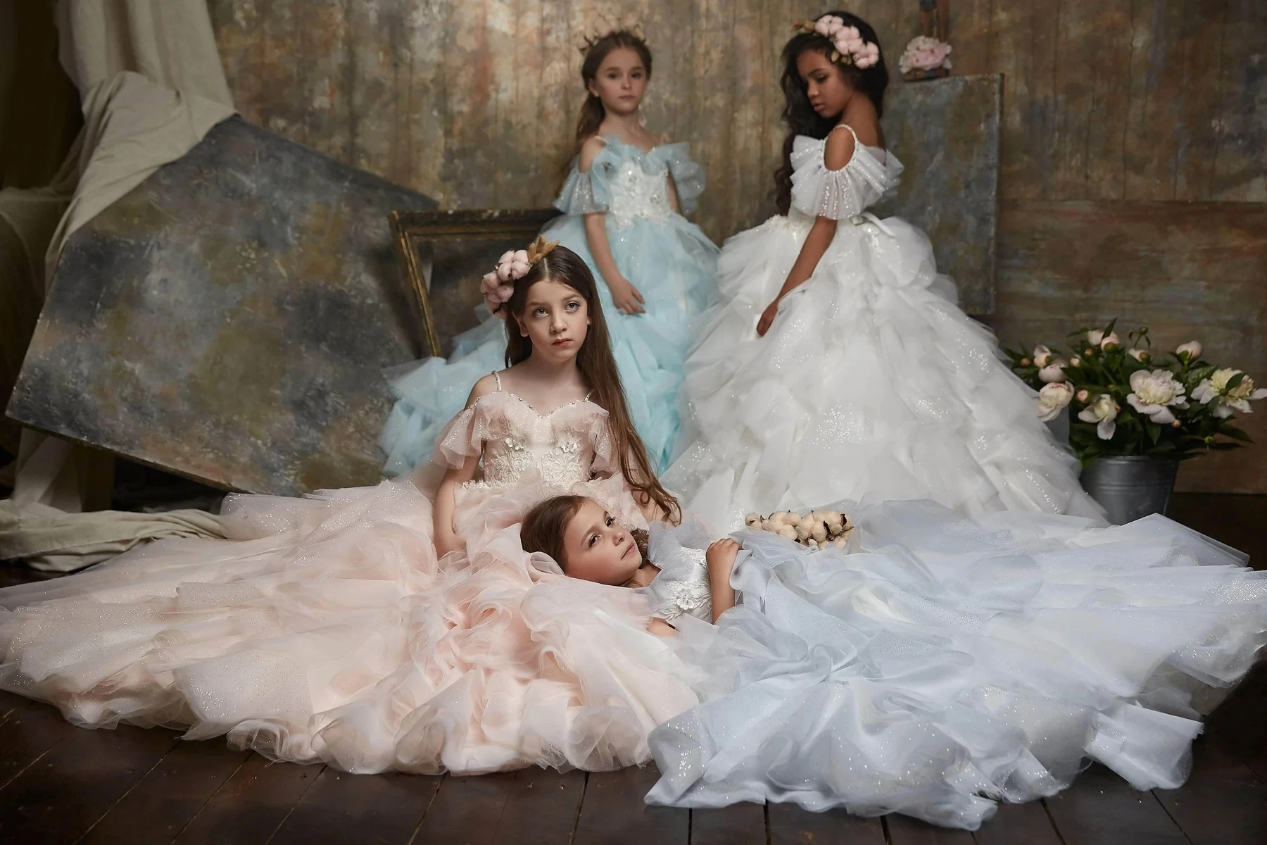 Mini vestido de quinceañera rosa, vestido de baile sin hombros, apliques de tul, vestidos de niña de flores para bodas, vestidos de desfile para bebé