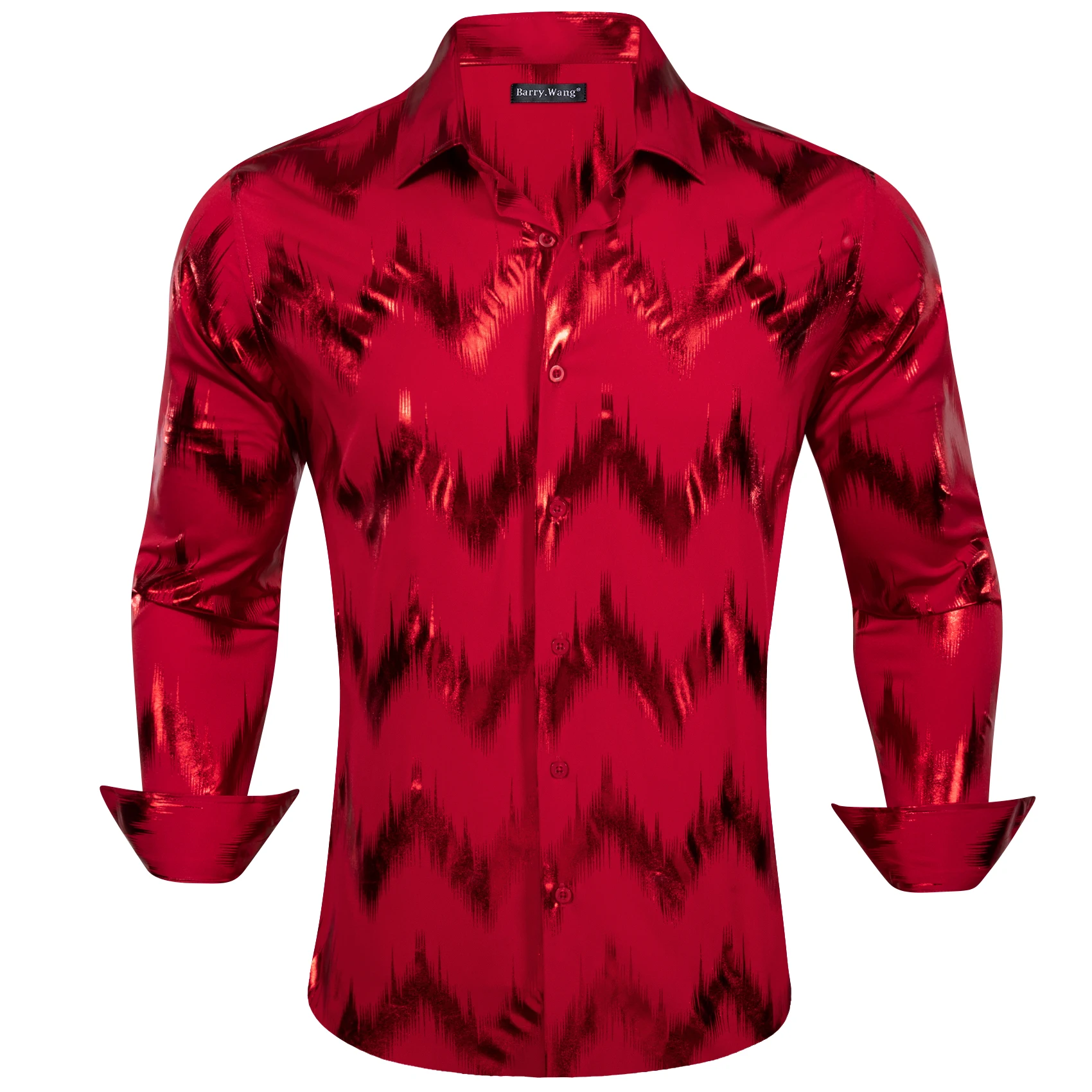 Luxury Shirts for Men Long Sleeve Green Red Black White Solid Shine Slim Fit Male Blouses Casual Tops Turn Down Barry Wang