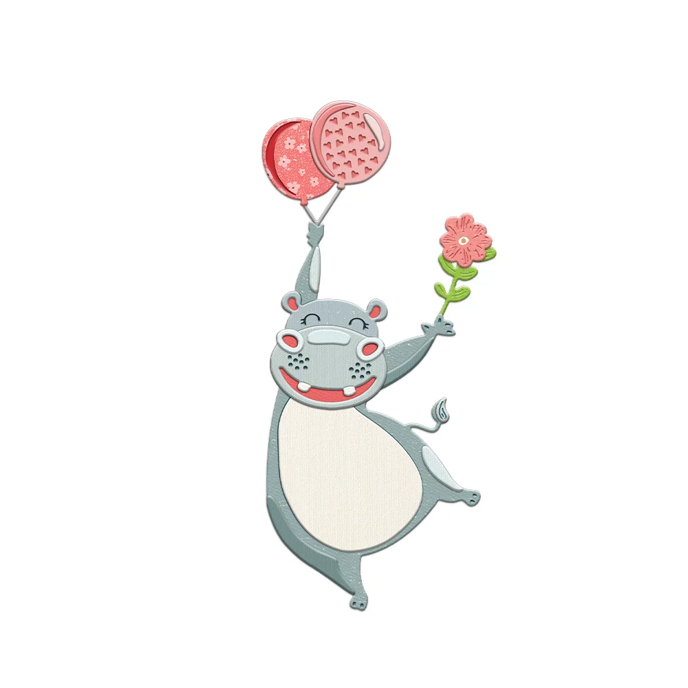 MangoCraft Funny Hippo With Balloon Flower Cutting Dies DIY Scrapbooking Supplies Metal Dies Knife Mold For Cards Albums Decor