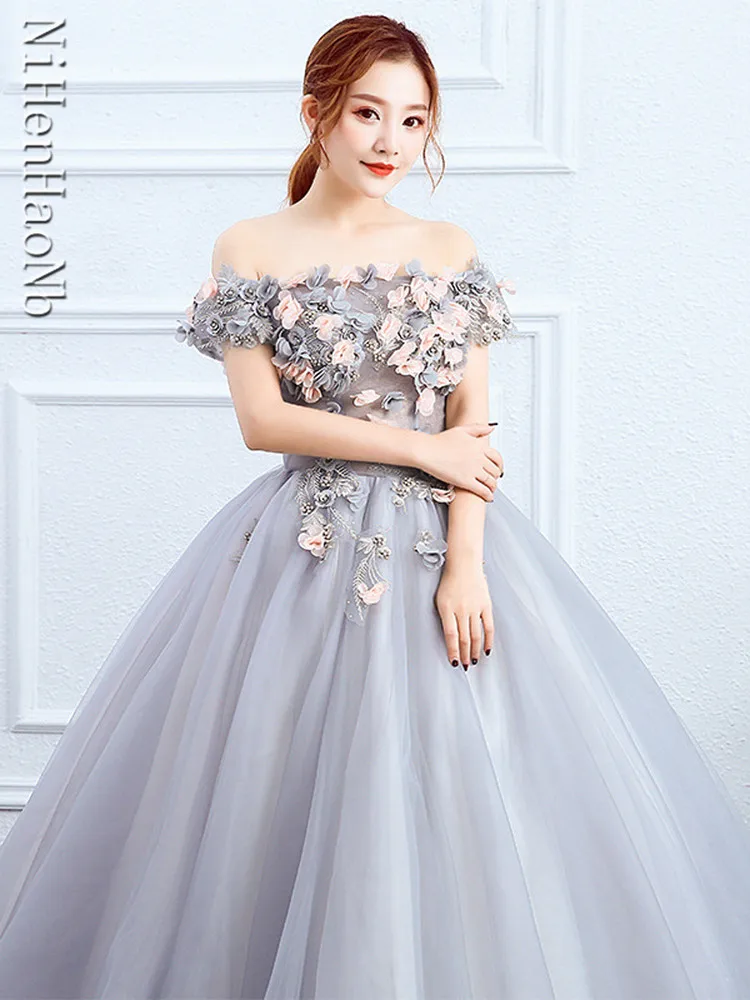 Fashion Boat Neck Quinceanera Dresses Elegant Flower Appliques Long Ball Gown Party Prom Women Host Dress Vestido Debutante