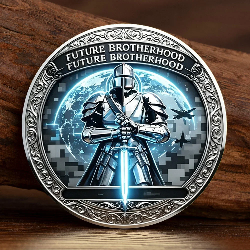 2D Future Brotherhood Challenge Coin Medieval Templar Knight Futuristic Space Soldier Antique Silver Plated Commemorative Coin