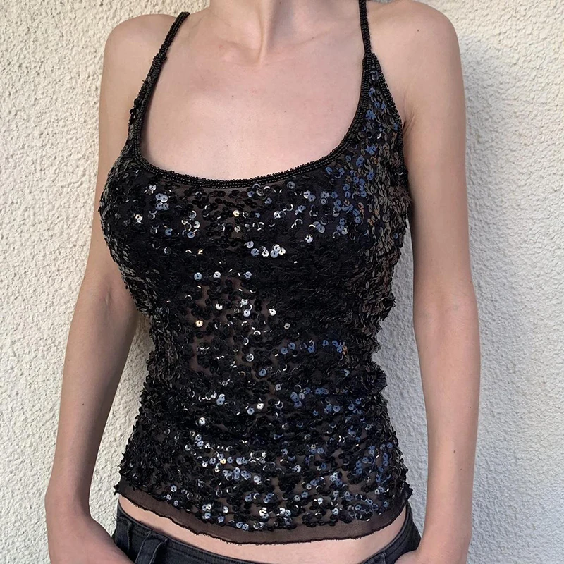 CIBBAR Black Sequined Crop Top Sexy See Through Sleeveless Skinny Club Party Camisole Women Vintage 2000s Tee y2k Aesthetic Vest