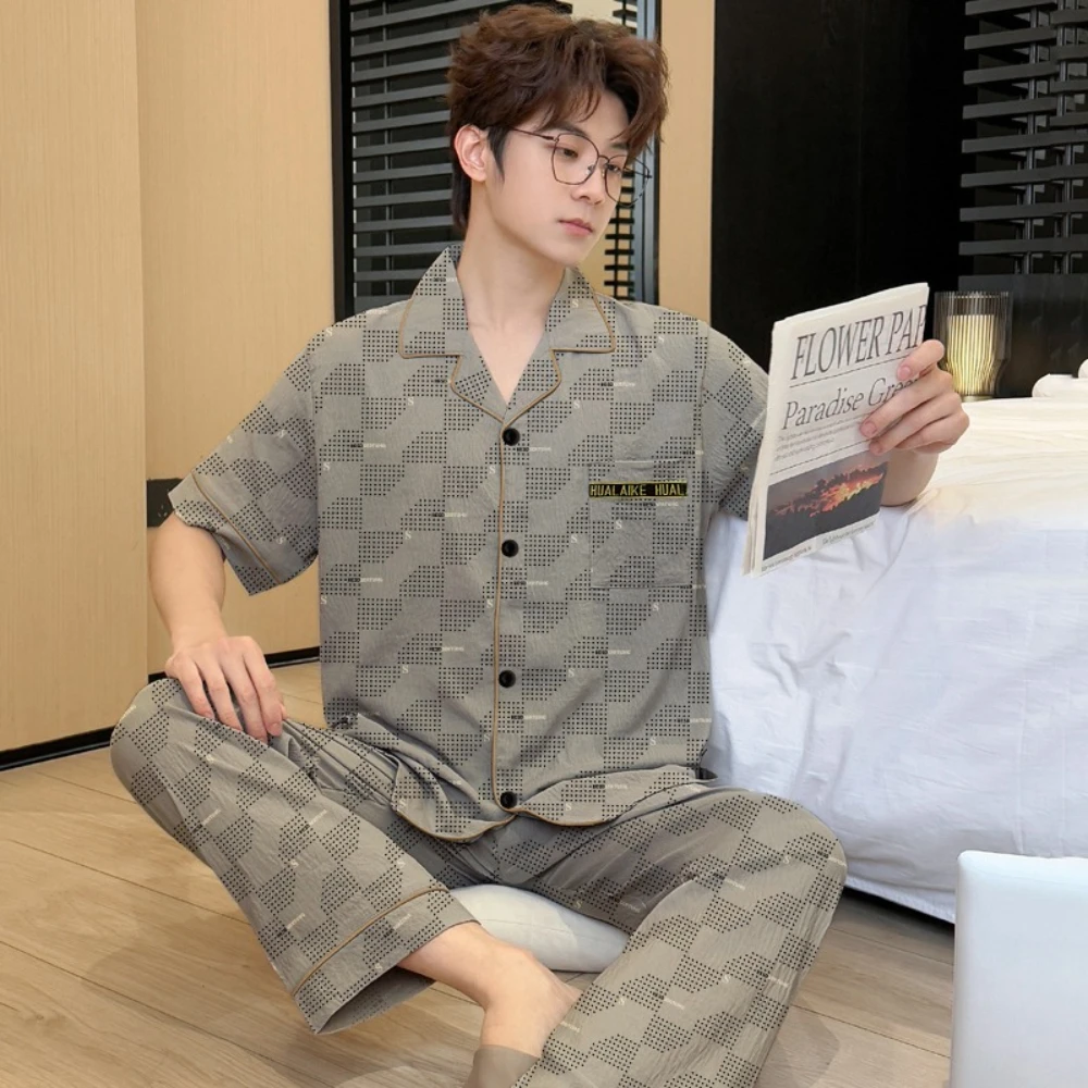 

Men's Pajamas Four-Season Print Short-Sleeve Casual Homewear Sleepwear Set Two-Piece Plus Size Soft Youth Comfortable Nightwear