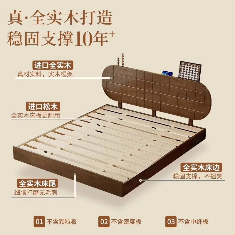 سرير من الخشب الصلب بالكامل على طراز القرون الوسطى، سرير مزدوج حديث وبسيط من خشب الجوز بطول 1.8 متر، سرير معلق على الطراز الشمالي، غرفة نوم رئيسية #3