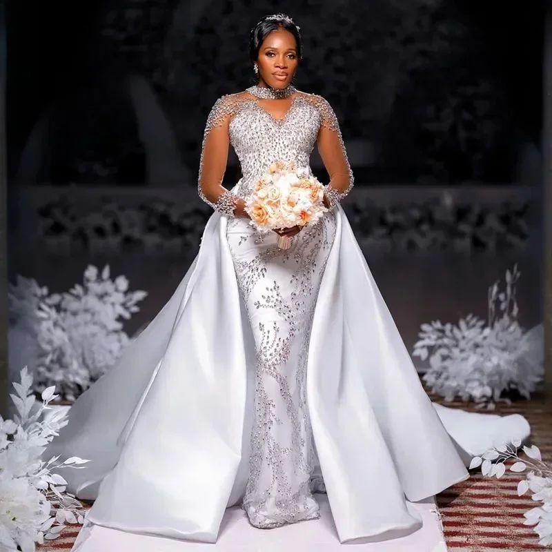 

Customized Plus Size Wedding Dresses Bridal Gowns For Bride Detachable Train Sheer Neck Long Sleeves Beaded Lace Tiered Satin