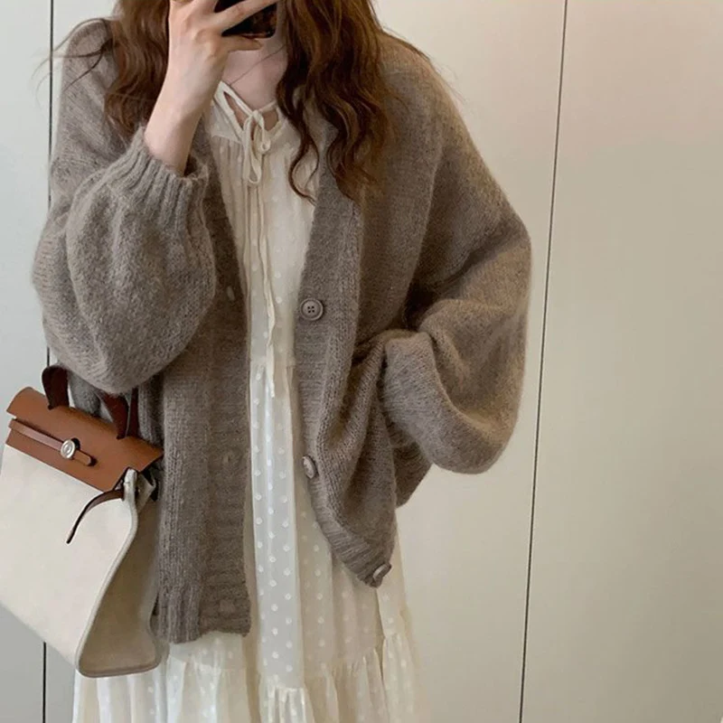 Biyaby Spring Autumn Knitted Cardigan Coats Woman Korean Simple Long Sleeve Sweater Women Casual Solid Loose V-Neck Cardigans